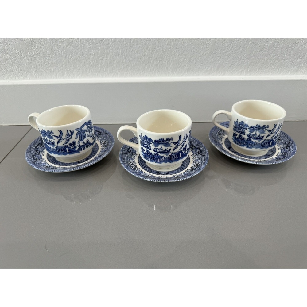 China Tea Cup And Saucers Blue Willow English Set Of 3
